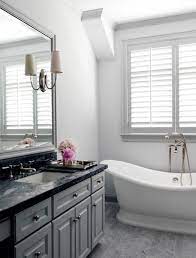 White cabinets light gray walls dark gray countertops black. Discover 23 Inspirational Ideas For Beautiful Gray Bathrooms Grey Bathrooms Black Bathroom Grey Countertops