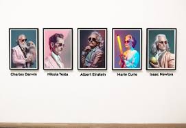 Scientists in Retro Futuristic Fashion. Newton, Einstein, Tesla, Curie,  Edison, Darwin