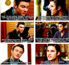 This Made My Day Glee Characters Fighting Over Twilight And Hunger Games Glee Memes Hunger Games Glee