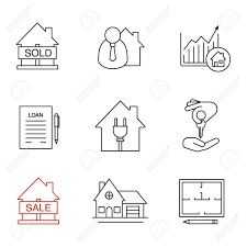 real estate market linear icons set sold house broker loan