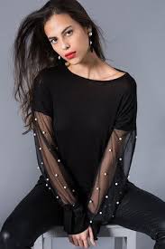 Kadin Siyah Incili Bluz Bluz Kadin Kiyafet