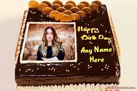 Illustration isolated on white background. Chocolate Happy Birthday Cake With Name And Photo