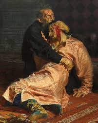 Ivan the Terrible and His Son Ivan on 16 November 1581, (1883–1885) By Ilya  Repin (1844–1930) Dimensions: 199.5 cm × 254 cm (78.5 in × 100 in)  Location: Tretyakov Gallery, Moscow Painted