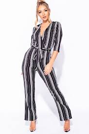 Black And White Striped Jumpsuit With Sleeves Black White Striped Wrapover Front Self Belt Jumpsuit Fashion Clothing Shoes Accessories Womensclothing Jumps Jumpsuit Romper Fashion Black White Stripes