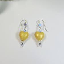 Soft Pale Gold Murano Heart Earrings Yellow Venetian Glass Murano Heart Earrings W Gold Dusting Swarovski Cleaning Silver Jewelry Earrings Handmade Earrings
