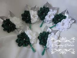 Get expert wedding planning advice and find the best ideas for wedding decorations, wedding flowers, wedding cakes, wedding songs, and more. Emerald Green White And Silver Gray Wrist Corsage And Boutonnieres Preview Blooming Fabrics Handmade Wedding Fabric Bouquets And Accessories Facebook