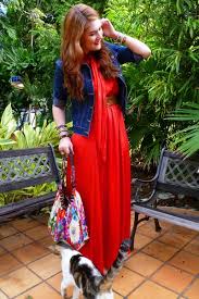 A Denim Jacket Over A Maxi Dress Is A Go To Ensemble That Spells Semi Casual Chic Casual Dress Outfits Red Maxi Dress Casual Red Maxi Dress Outfit