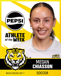 Fifth-year midfielder Megan Chiasson is this week's female @PepsiCo Athlete  of the Week. Megan led the Tigers to their third win of the season