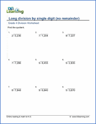 When you divide a number, you are splitting it equally. Grade 4 Long Division Worksheet 4 By 1 Digit Numbers No Remainder K5 Learning