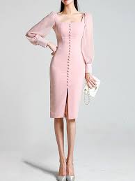 Square Neck Pink Bodycon Cocktail Statement Midi Dress Long Sleeve Casual Dress Long Cocktail Dress Coctail Dresses