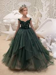 Blumenmadchen Kleider Prinzessin Dunkelgrun Abendkleider Fur Hochzeit Mit Schleppe Illusion Ausschnitt Tull Armellos Kleid Blumenmadchen Knopfe Milanoo Com