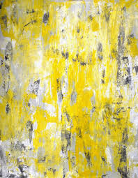 Black and white shagreen console table in a contemporary foyer designed with a yellow, gray and blue abstract wall art. Picking Around Grey And Yellow Abstract Art Painting Painting By Carollynn Tice