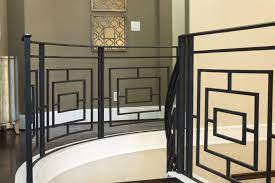 This Custom Geometric Design Was Created Using Our Fabricated Wrought Iron Services These Unique Compon Staircase Design Iron Staircase Railing Iron Staircase