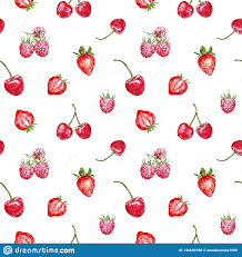 Watercolor Red Berries Seamless Pattern On White Background Fresh Summer Fruits Print Strawberries Cherry Rasberry Fruit Print Watercolor Red Summer Fruit