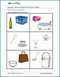 grade 1 capacity worksheets which container holds more k5 learning