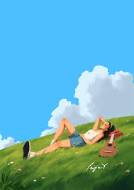 Be Alone Art Print Relaxing In Nature Lying On The Grass Etsy In 2021 Alone Art Dreamy Art Girls Cartoon Art