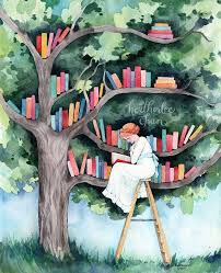 The Reader And The Tree Library Watercolor Art Print Art Library Print Reader Tree Watercolor 2020 Suluboya Sanati Cizimler Sanatsal Baski