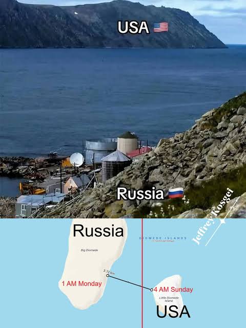 Across the Bering Strait, Big Diomede belongs to Russia while Little Diomede  belongs to the United States. Although the islands are close enough to see  each other on a clear day, they