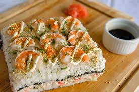 Sushi Cake With Shrimp Crab Scallops Sushi Cake Recipes Sushi