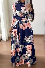 Dark Blue Floral Print Long Sleeve Tied Zip Back Casual Maxi Dress Womens Floral Maxi Dress Womens Maxi Dresses Floral Maxi Dress