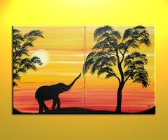 This oil painting of an african sunset includes 3 things i love, hema fencing, lions and the majestic african sunset. African Elephant Silhouette Painting Sunset Tree Art Original Dusk Evening Sun Over Two Canvases Mood Setting Wall Art Custom 32x20 Art By Nathalie Van