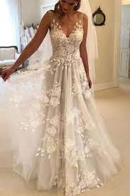 Elegant A Line V Neck Tulle Open Back Ivory Wedding Dresses With Lace Appliques Weddingdress Ball Gowns Wedding Wedding Dresses Uk Applique Wedding Dress