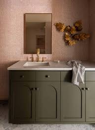 The 100 small bathroom design photos we gathered in the list below prove that size doesn't matter. Heidi Caillier Design Seattle Interior Designer Olympic Manor House Modern Traditional Guest Bathroom Pink Penny Tile Green Bathroom Vanity Marble Vintage Sconce Heidi Caillier