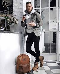 Black Jeans And Brown Boots Men Fall Outfit Inspiration With Black Skinny Jeans Brown Boots Gray Hoody Gray Herringbone Blazer Brown Leather B Mens Outfits Mens Fashion Edgy Mens Street Style
