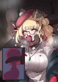 Rule 34 - 1boy Blonde Hair Blood Blood On Clothes Blue Jacket Breasts  Deepthroat Ero Guro Fellatio Female Glasses Guro Hair Bun Hair Ornament  Hairclip Head Grab Highres Impossible Clothes Impossible Sweater