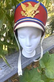 Vtg Marching Band SHAKO HAT RED, White, Blue EAGLE Emblem OSTWALD Brand  SIZE 7