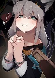 burusuka (burusuka2525), shirakami fubuki, shirakami fubuki (loungewear), buckshot  roulette, hololive, highres, 1girl, animal ear fluff, animal ears, begging,  black shirt, blush, crying, cuffs, fox ears, fox girl, fox tail, gun, hair  between