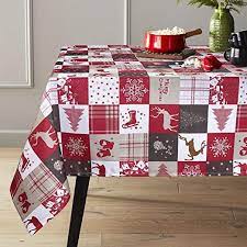 Colorbird Holiday Christmas Tablecloth Deer Sleigh Bells Snowflake Xmas Collage Water Resistant Bamboo Fabr Christmas Table Cloth Dining Decor Farmhouse Dining