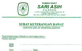 Rumah sakit setelah menjalani beberapa proses pemeriksaan kesehatan dan tidak membayar biaya pemeriksaan kesehatan tersebut (lolos dari biaya administrasi rumah sakit). Contoh Surat Dokter Sari Asih Contoh Surat