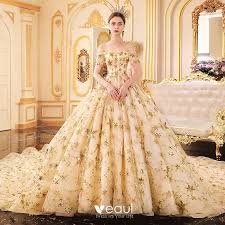 Brautkleider online shop, schneller versand. Luxus Herrlich Gold Brautkleider Hochzeitskleider 2019 A Linie Off Shoulder Kurze Armel Ruckenfreies Glanz Pailletten Star