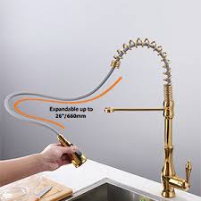 As faucet designers put more and more innovations into practice, the range of features available is quite astounding. Lovedima Modern Gold Kitchen Faucet With Pull Down Sprayer High Arc Single Handle Swiveling Kitchen Sink Faucet Lead Free Solid Brass Kitchen Faucet Gold Amazon Com