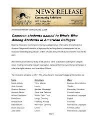 It has been compiling its list since 1934. Cameron Students Named To Who S Who Among Students In American Colleges