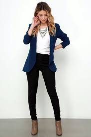 Black White And Navy Blue Outfits Navy Blazer Business Attire For Women White Top Black Trousers Brown Boots In 2020 Business Casual Outfits For Women Casual Work Outfits Trendy Business Casual