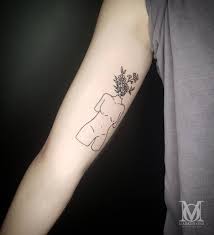 A Cute Floral And Body Linework Tattoo On Inner Bicep By Katie James Of Marked One Tattoo Studio Fro Client S Reference First Tattoo Tattoos Arm Band Tattoo