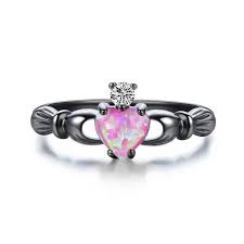Black And Pink Rings For Her Pink Heart Fire Opal Irish Claddagh Ring For Her Fire Opal Promise Rings For Her Engagement Ring For Her