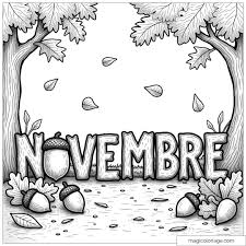 November Coloring Page with Acorns and Autumn Leaves to Print