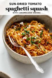 Sun Dried Tomato Spaghetti Squash With Caramelized Onions Recipe Spaghetti Squash Recipes Vegan Recipes Healthy Recipes