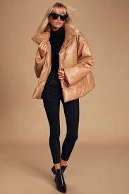 Weather Or Not Taupe Vegan Leather Puffer Jacket In 2021 Leather Puffer Jacket Jackets Brown Leather Jacket Outfit