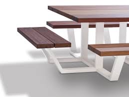 Square Picnic Table With Integrated Benches Carre By Cassecroute Metal Picnic Tables Picnic Table Dining Table