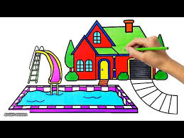 Gambar mewarnai rumah untuk tk dan sd 2020 marimewarnai com. Cara Menggambar Dan Mewarnai Rumah Dengan Kolam Renang Untuk Anak Youtube