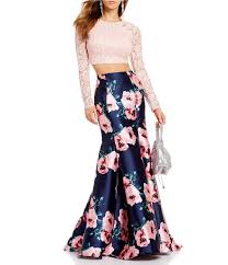 b darlin long sleeve lace top with floral trumpet skirt two