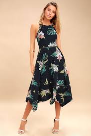 You And Lanai Navy Blue Tropical Print Midi Dress Tropical Print Dress Tropical Dress Printed Midi Dress