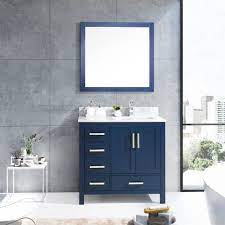 Uptown 36 in.w x 22 in.d x34.75 in.h bath vanity in navy blue with carrara marble vanity top in white with white basin (34) ashland 37 in. Lexora 36 Model Jacques Bathroom Cabinet Color Matte Navy Blue Left Side Drawers In 2021 Blue Bathroom Vanity Modern Bathroom Vanity Bathroom Vanity 36 Inch