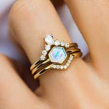 Hexagon Stacking Ring Set In Gold With Blue Opal Blue Engagement Ring Aquamarines Sapphire Engagement Ring Blue Amethyst Ring Engagement