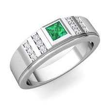 Mens Wedding Band Diamond And Emerald Ring For Man In 14k Gold Ring Mens Emerald Rings Mens Silver Rings Rings For Men