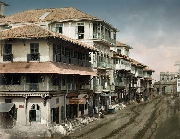 1860 India, Maharashtra, Bombay (Mumbai). The interior of the old Fort, Bombay. Church Gate Street. Photographer unknown. Restored Image.